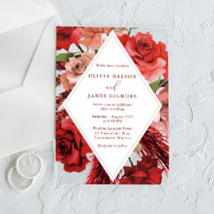 Romantic Red Roses Modern Wedding Acrylic Invitations