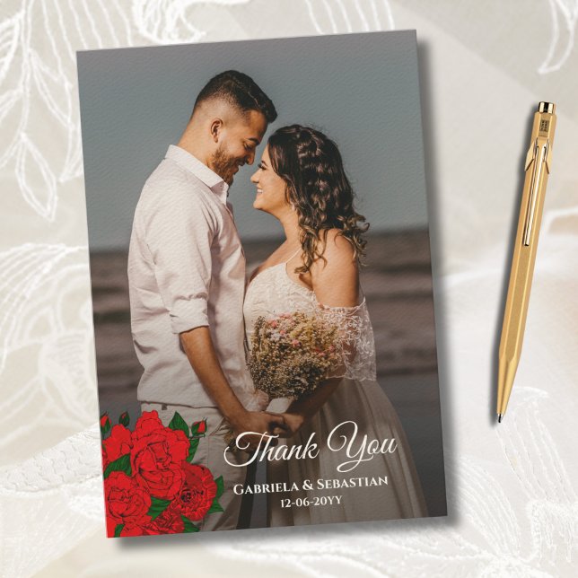 Romantic Red Roses Newlyweds Photo Wedding Thank You Card (Creator Uploaded)