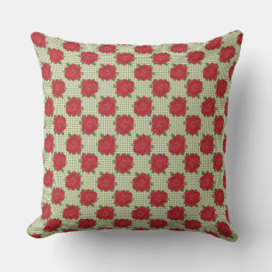 Romantic Red Roses on Green Check Gingham Cushion