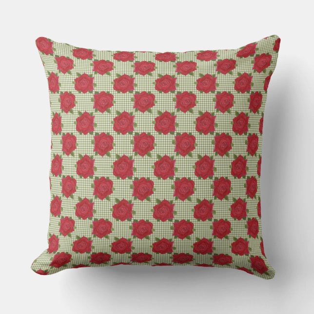 Romantic Red Roses on Green Check Gingham Cushion (Front)