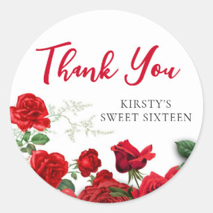 Romantic Red Roses on White Sweet 16 Thank You Classic Round Sticker