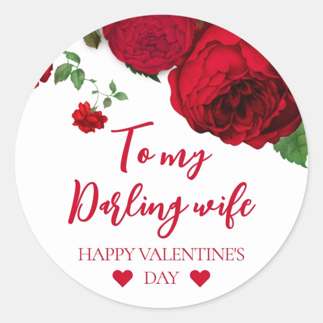 Romantic Red Roses on White Wife Valentine's Day Classic Round Sticker (Front)