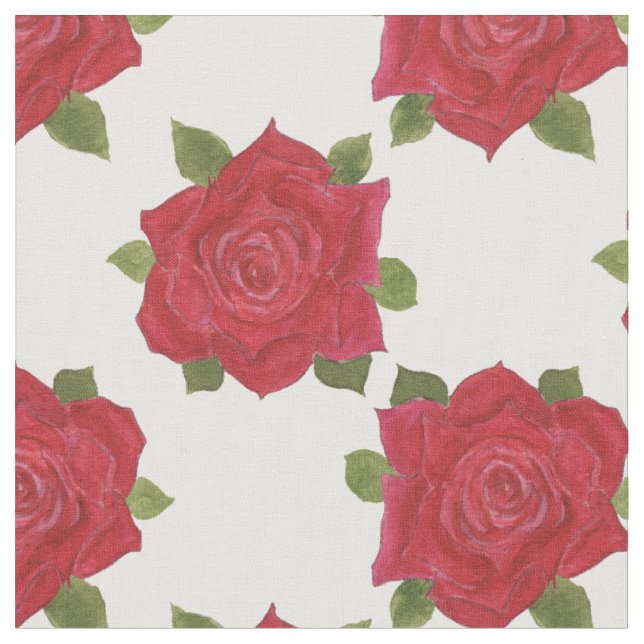 Romantic Red Roses Pattern on White Custom Fabric (Close Up)