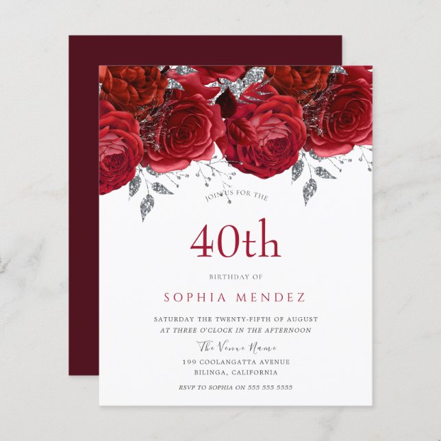 Romantic Red Roses Silver 40th Birthday Invitation (Front/Back)