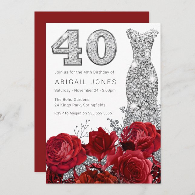Romantic Red Roses Silver Dress 40th Birthday Invitation (Front/Back)