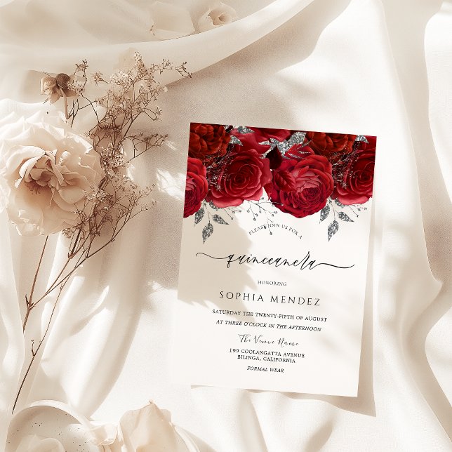 Romantic Red Roses Silver Leaf Quinceanera Party   Invitation (Creator Uploaded)