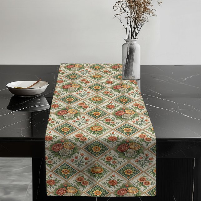 Romantic Red Roses Table Runner Vintage Tile Charm (Romantic Red Roses Table Runner Vintage Tile Charm)