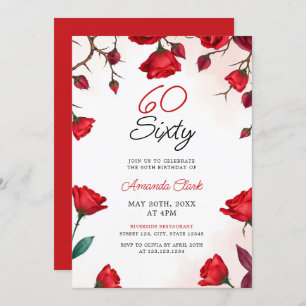 Romantic Red Roses Watercolor 60th Birthday Invitation