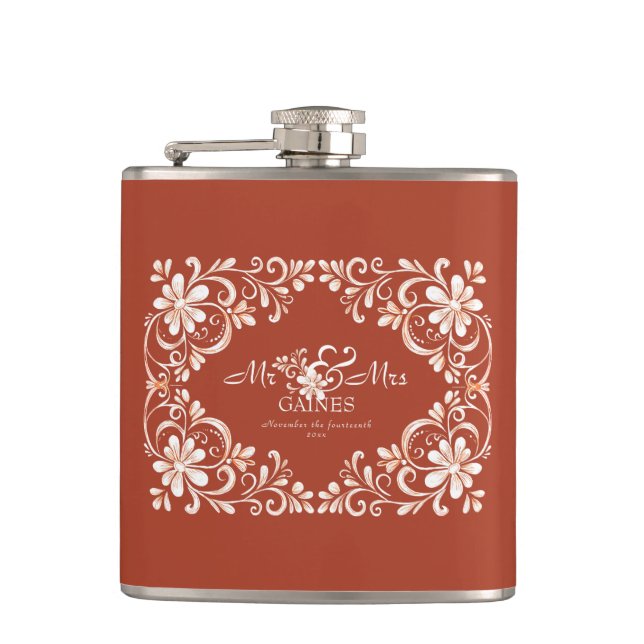 Romantic Red Rust Mr & Mrs Wedding Flask (Front)