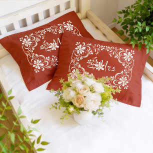 Romantic Red Rust Shabby Chic Mr & Mrs Couple  Pillowcase