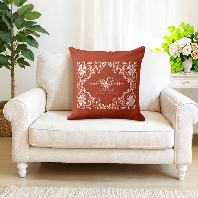 Romantic Red Rust Shabby Chic Mr Mrs Wedding  Cushion (Creator Uploaded)