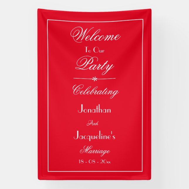 Romantic red script wedding welcome photo backdrop banner (Vertical)