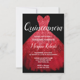 Romantic Red Sparkle Dress Quinceanera 15th Party Invitation