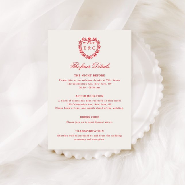 Romantic Red Vintage Monogram Crest Wedding Enclosure Card (Creator Uploaded)