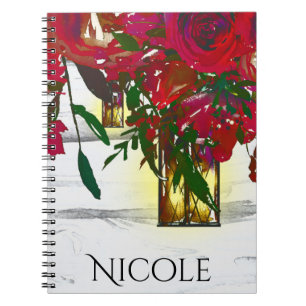 Romantic Red Watercolor Roses & Lantern Rustic Notebook