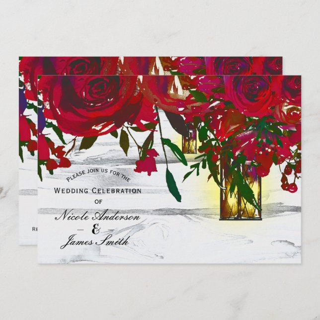 Romantic Red Watercolor Roses & Lantern Wedding Invitation (Front/Back)