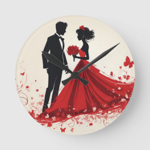 Romantic Red Wedding Silhouette of Bride and Groom Round Clock