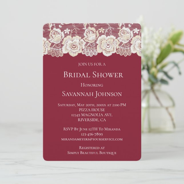 Romantic Red White Cream Lace Floral Bridal Shower Invitation (Standing Front)