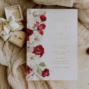 Romantic Red & White Floral Gold Foil Wedding