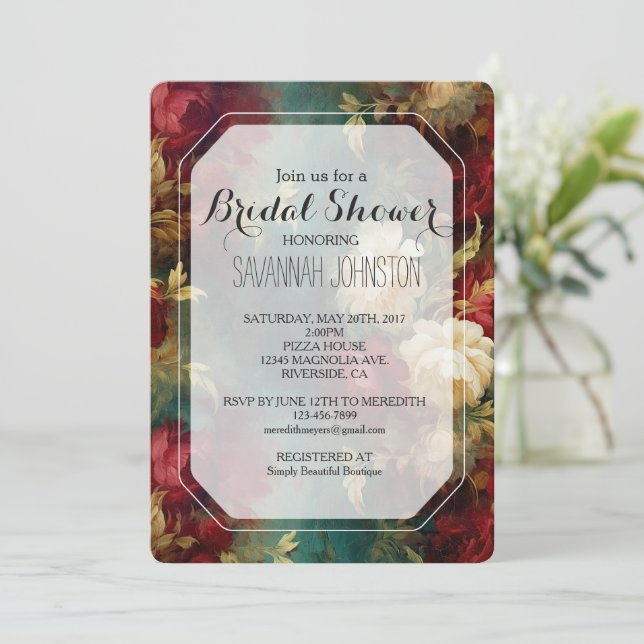 Romantic Red White Flowers Bridal Shower Invitation (Standing Front)