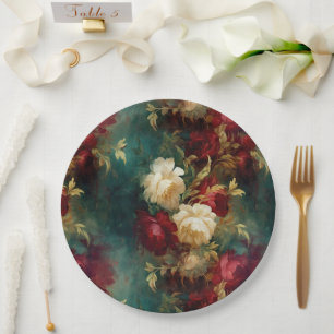 Romantic Red White Flowers Floral Wedding Paper Plate