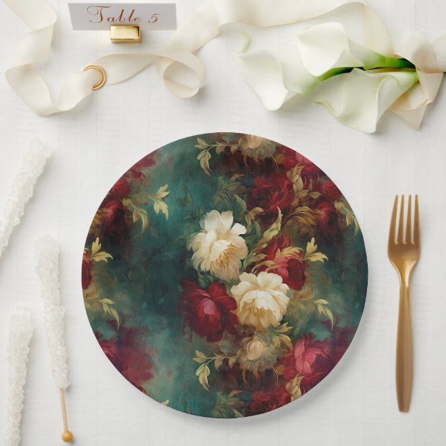 Romantic Red White Flowers Floral Wedding Paper Plate (Wedding)