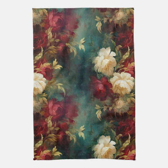 Romantic Red White Green Flowers Tea Towel (Vertical)