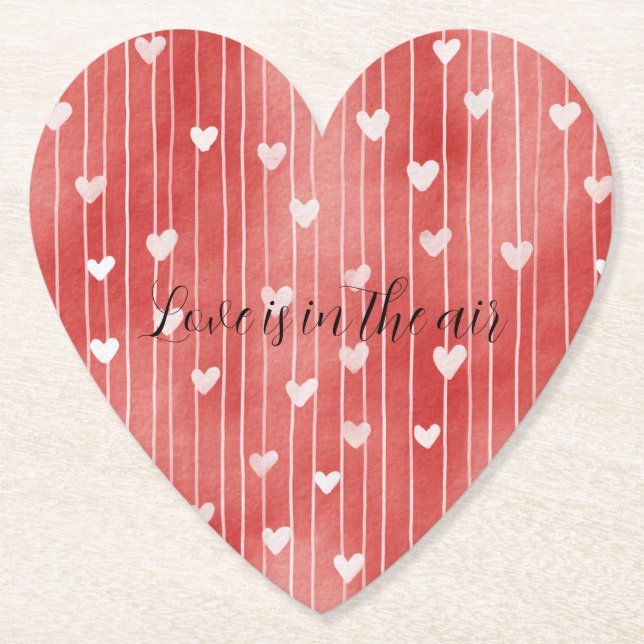 Romantic Red White Stripes Hearts Love Paper Coaster (Front)