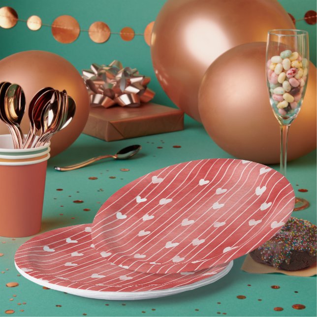 Romantic Red White Stripes Hearts Love Paper Plate (Multi)