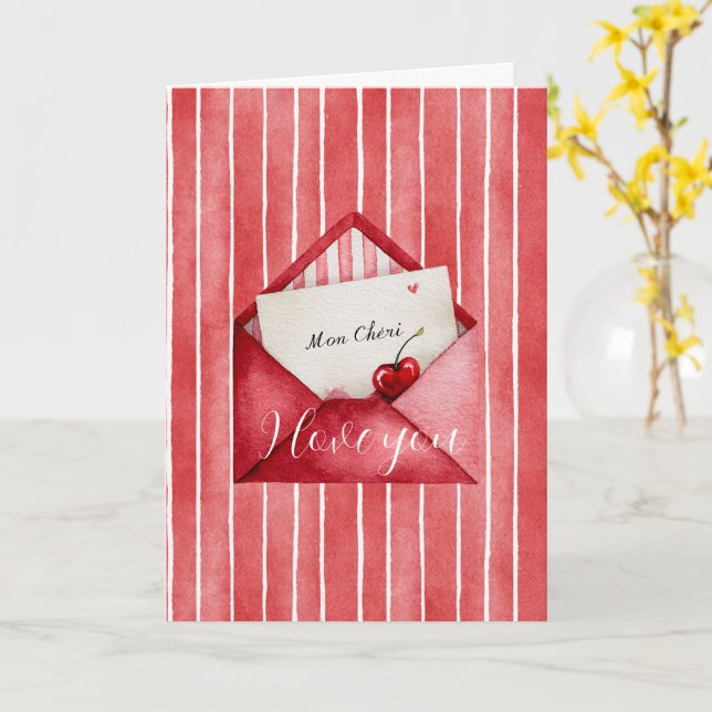 Romantic Red White Stripes Mon Cheri Love Card (Yellow Flower)