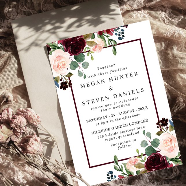 Romantic Red Wine Flowers Elegant Wedding Invitation (Creator Uploaded)