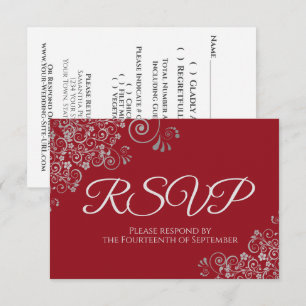 Romantic Red with Elegant Silver Lace Wedding RSVP Card