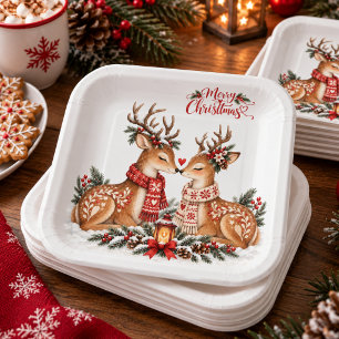 Romantic Reindeer Couple Nordic Christmas Party Paper Plate