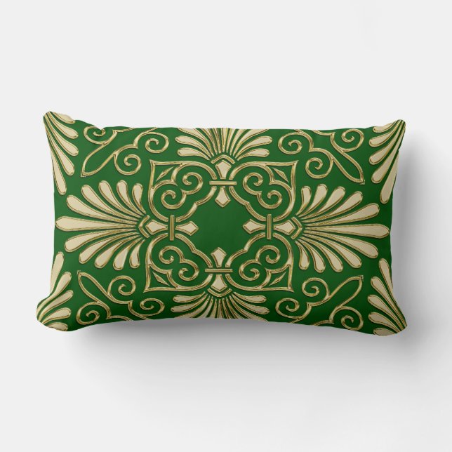 Romantic Retro Art Deco Damask Green Gold 01 Lumbar Cushion (Front)