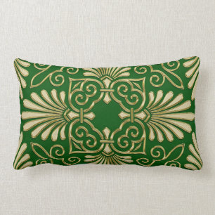 Romantic Retro Art Deco Damask Green Gold 01 Lumbar Cushion