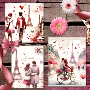 Romantic Retro Paris Love Pink Wrapping Paper Sheet