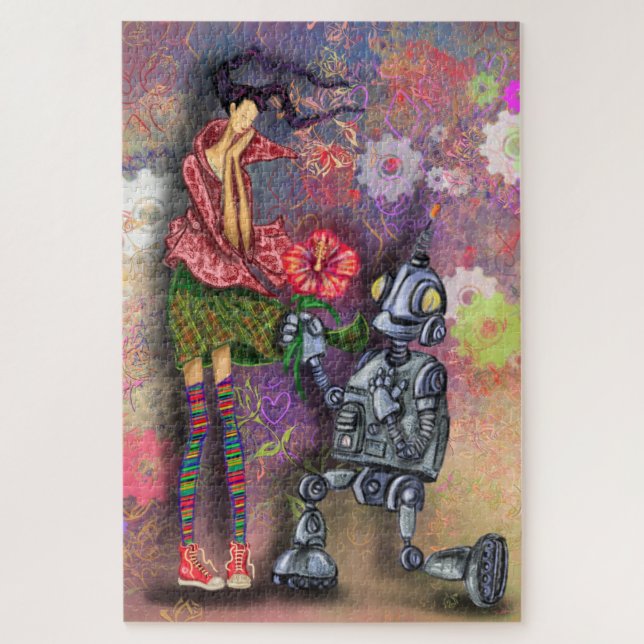 Romantic Robot and Girl Puzzle Painting (Vertical)