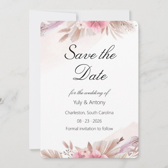 Romantic Rose and Champagne Boho Wedding  Save The Date (Front)