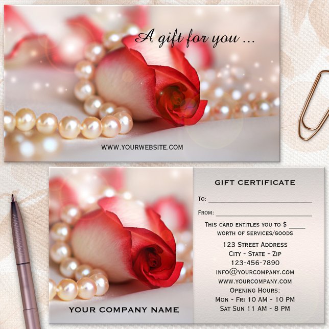 Romantic Rose and Pearls Gift Certificate (A modern business card sized gift certificate featuring a rose with pearls and festive light sparkle)