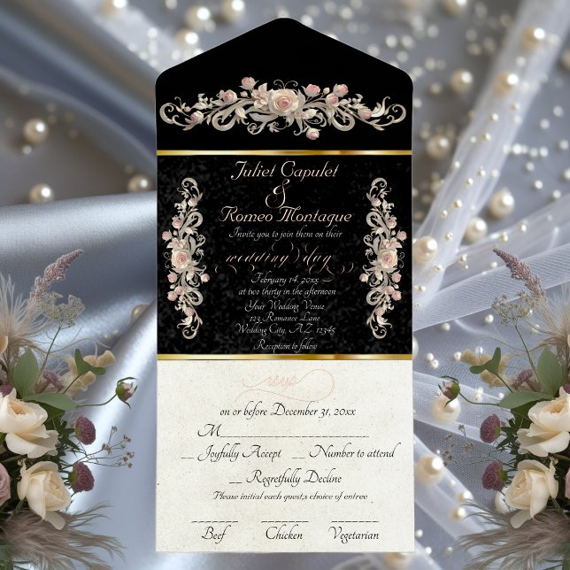 Romantic Rose Arc Borders & Calligraphy - Black All In One Invitation (Creator Uploaded)