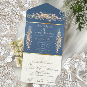 Romantic Rose Arc Borders & Calligraphy - Blue All In One Invitation