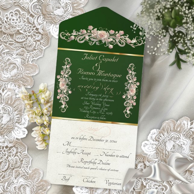 Romantic Rose Arc Borders & Calligraphy - Emerald All In One Invitation (Creator Uploaded)