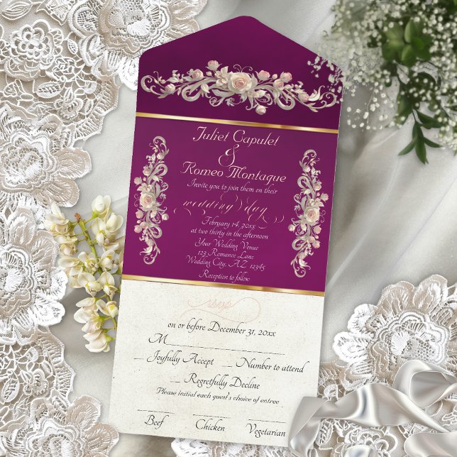 Romantic Rose Arc Borders & Calligraphy - Plum All In One Invitation (Creator Uploaded)