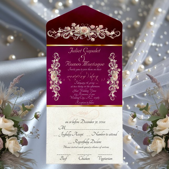 Romantic Rose Arc Borders & Calligraphy - Plum All In One Invitation (Creator Uploaded)