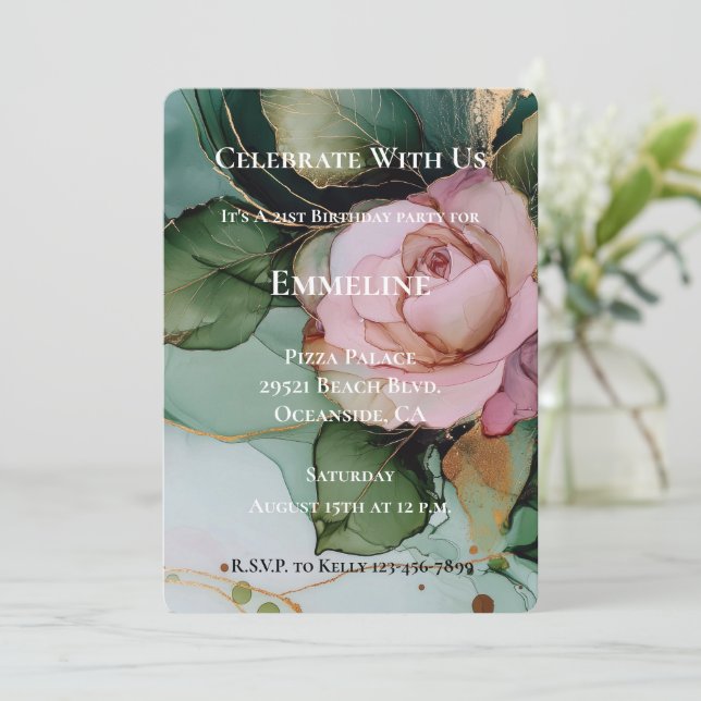 Romantic Rose Blush Pink Gold Floral Birthday Invitation (Standing Front)