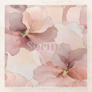 Romantic Rose Blush Pink Gold Floral Glass Coaster