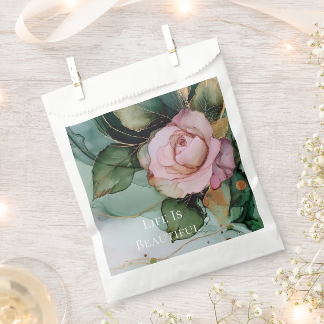 Romantic Rose Blush Pink Gold Floral Wedding  Favour Bag (Clipped)