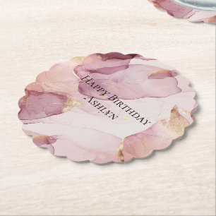 Romantic Rose Blush Pink Gold Leaf Birthday  Paper Coaster