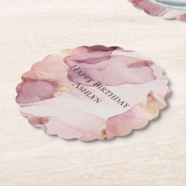 Romantic Rose Blush Pink Gold Leaf Birthday  Paper Coaster (Angled)
