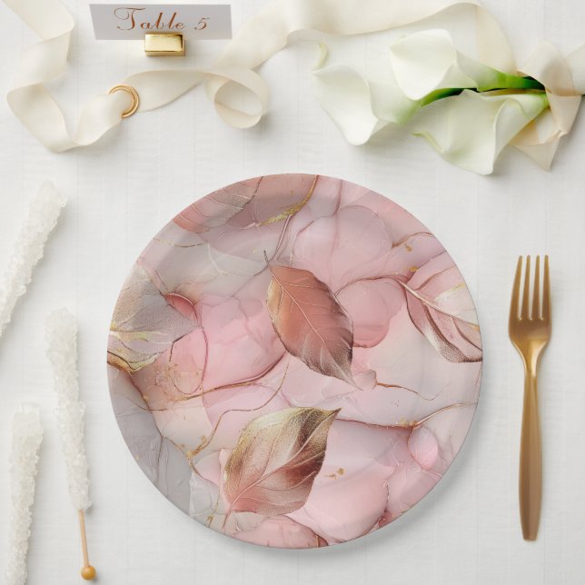 Romantic Rose Blush Pink Gold Leaf Bridal Shower Paper Plate (Wedding)